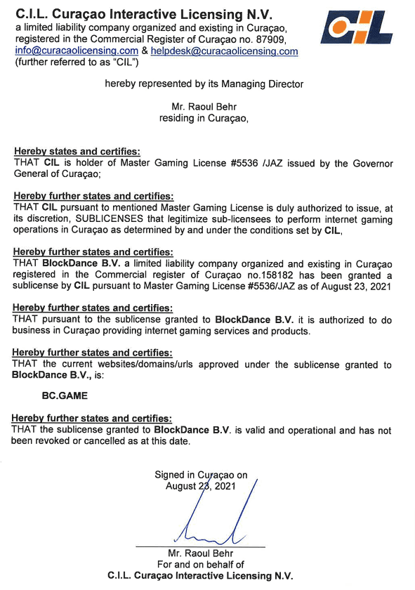 BC GAME Licenses